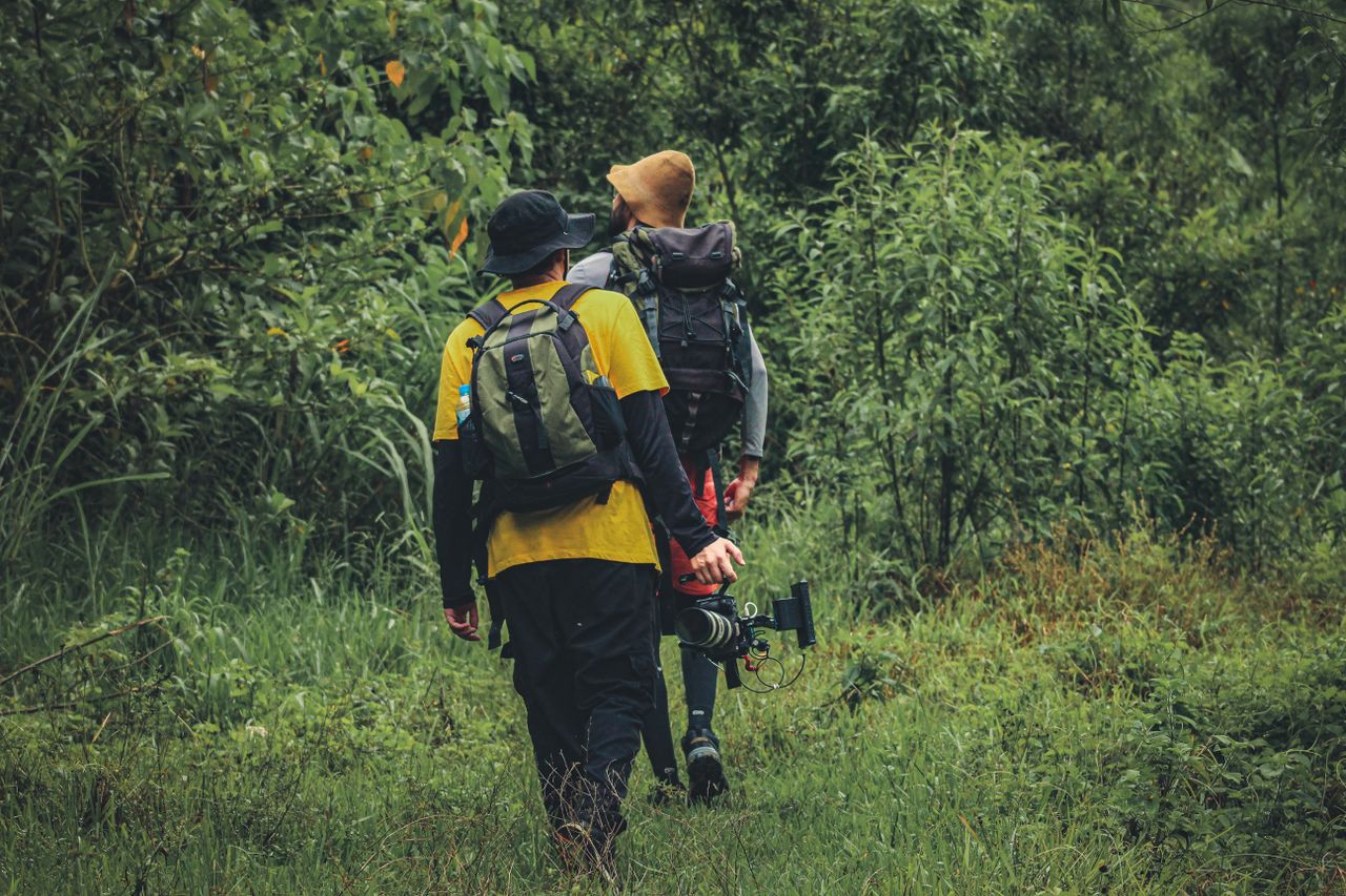 Two adults hiking through lush green forest with camera gear, capturing the journey.